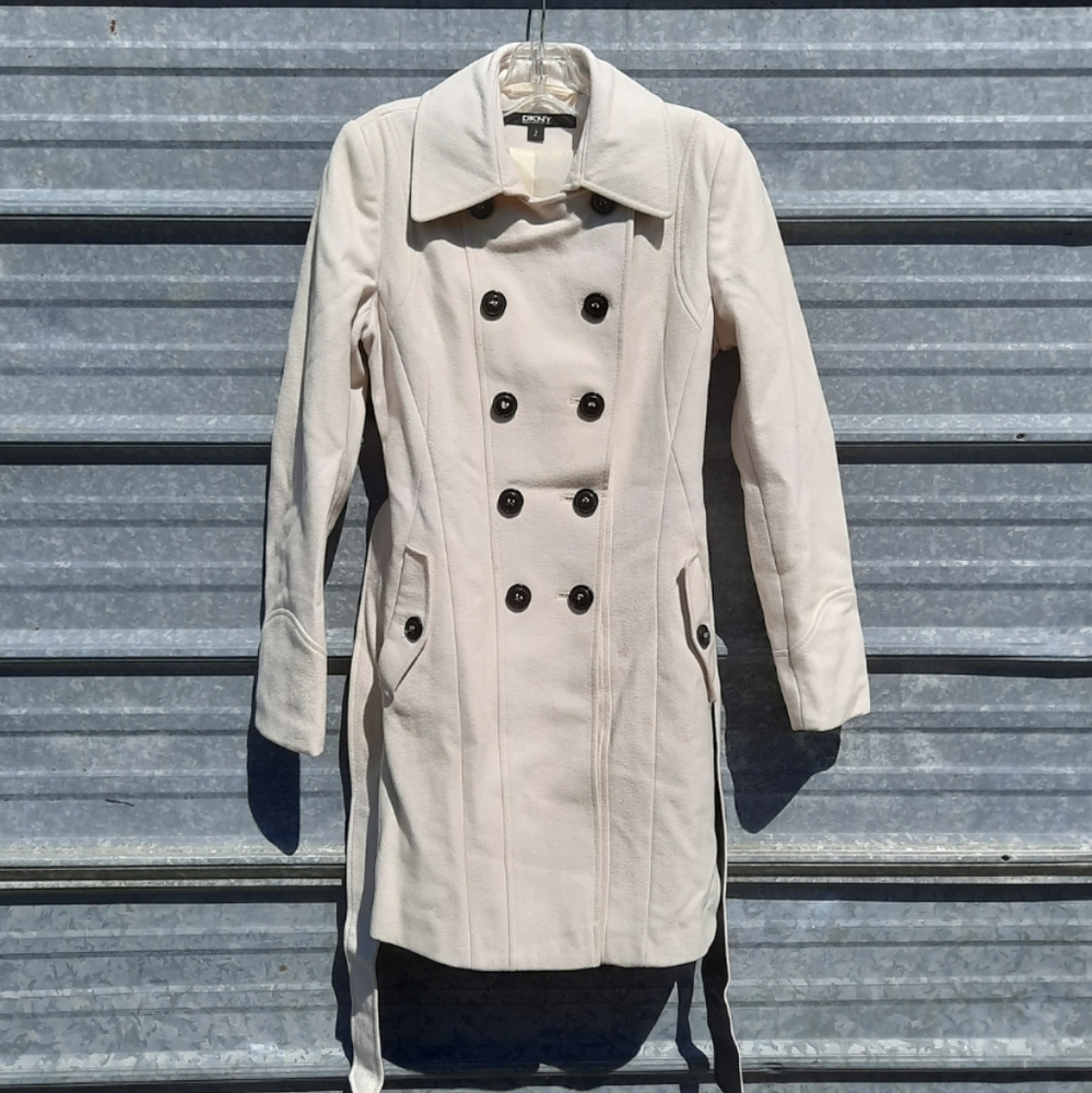 DKNY Double Breasted Pea Coat With Belt - Picture 3 of 17